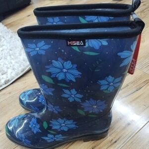 HISEA Women's Blue Floral Rain Boots